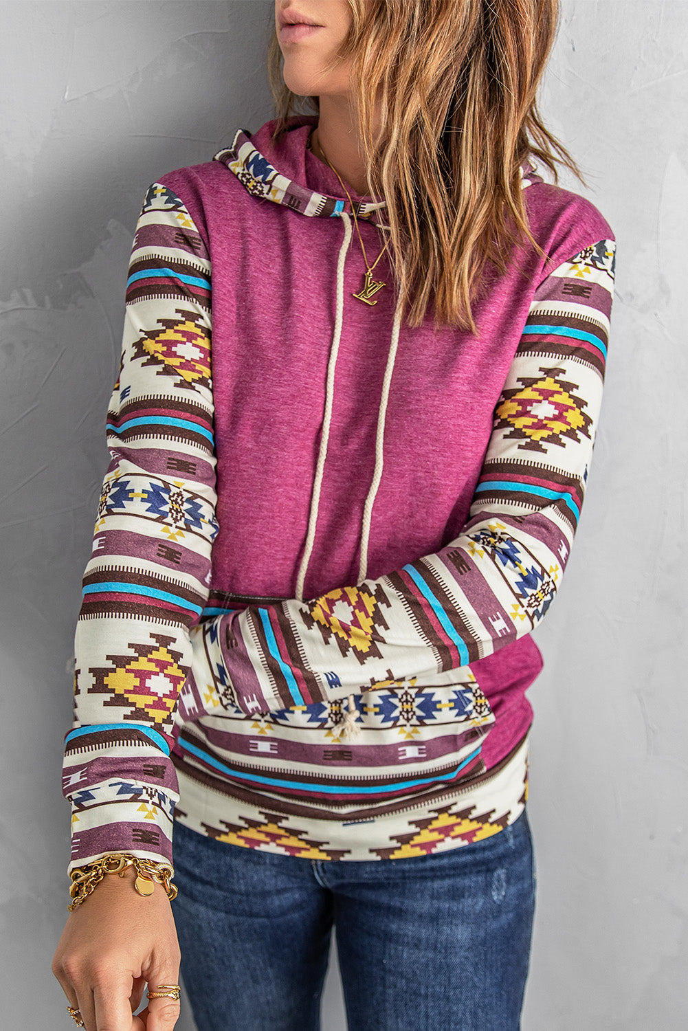 Sweat à capuche patchwork à imprimé aztèque avec poche kangourou