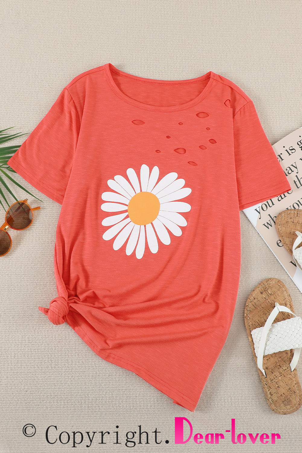 Distressed Crew Neck Leaves Pattern T-shirt