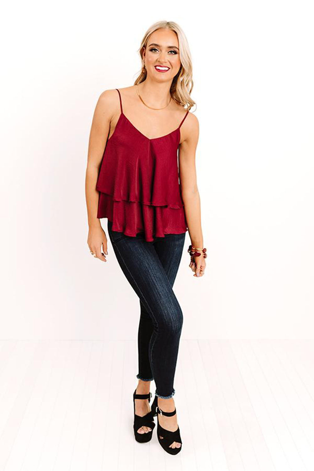 Débardeur à bretelles spaghetti et volants superposés