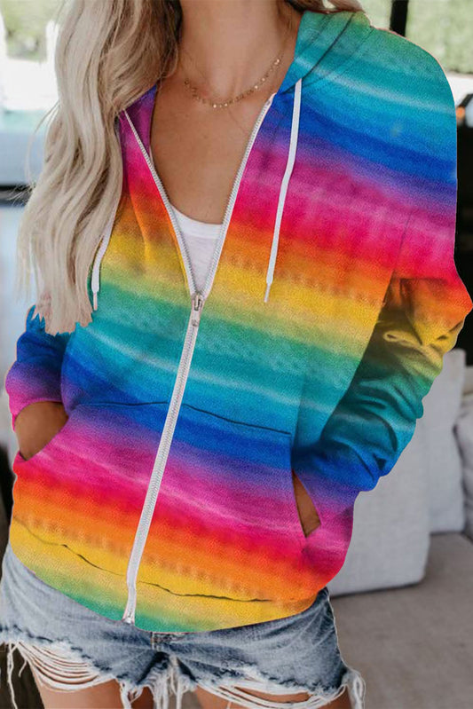Veste à capuche multicolore tie-dye avec poche zippée et cordon de serrage