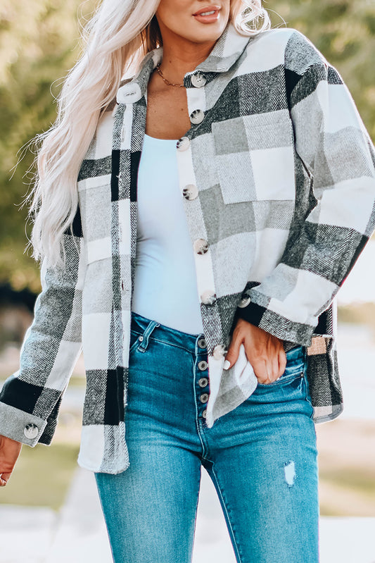 Chaqueta de manga larga con botones y bloques de color a cuadros con bolsillo