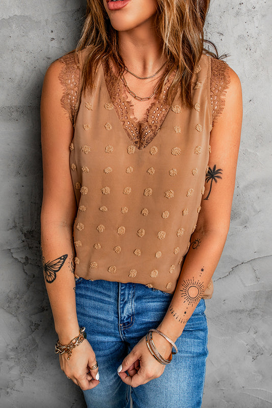 Swiss Dot Lace Stitching V Neck Tank Top