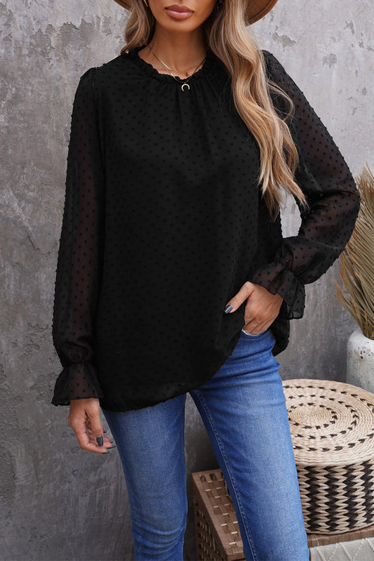 Blusa con volantes y cuello redondo con lunares suizos y manga burbuja