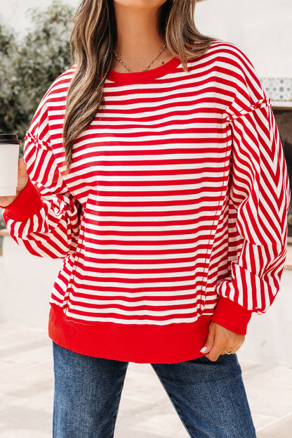 Red Stripe Exposed Seam Drop Shoulder Casual Pullover Top
