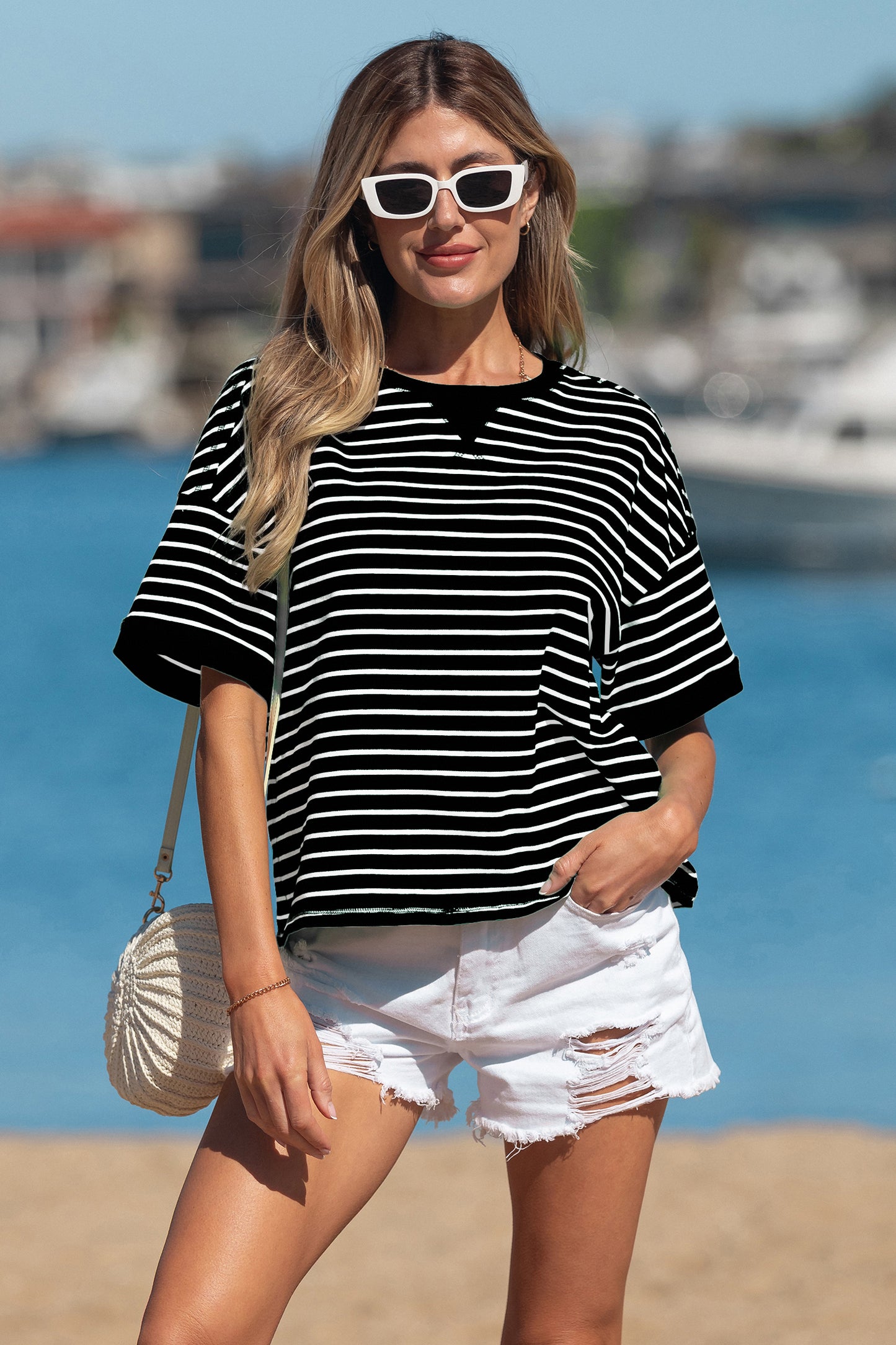 Black Stripe Ribbed Patchwork Seam Detail Half Sleeve Tee