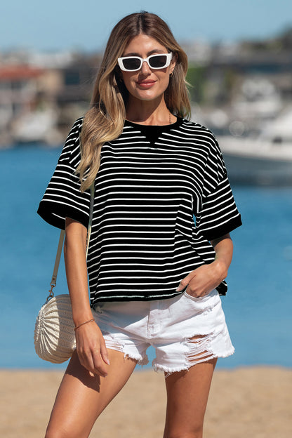 Black Stripe Ribbed Patchwork Seam Detail Half Sleeve Tee