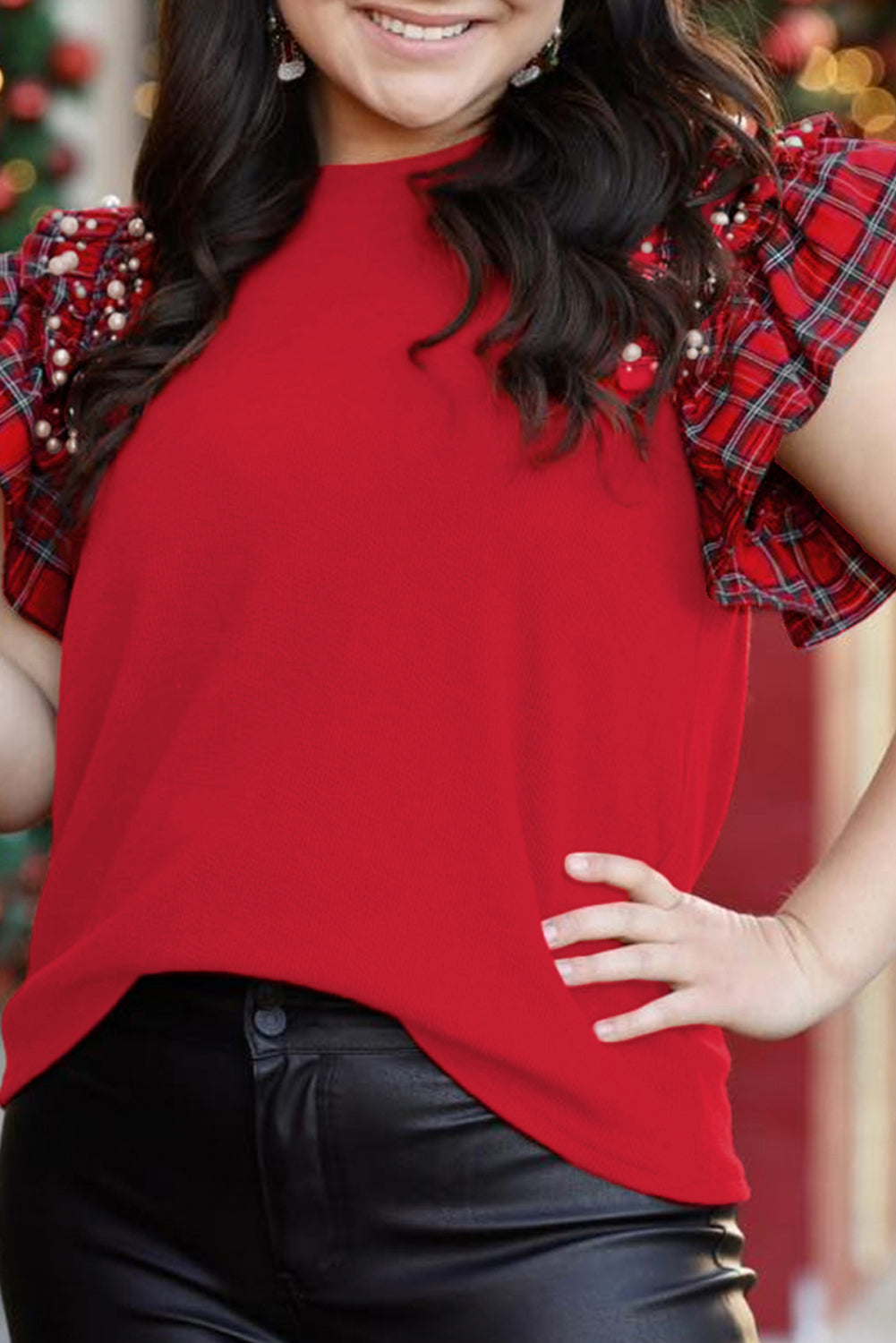 Racing Red Plaid Pearl Ruffled Short Sleeve Knitted Christmas Holiday Plus Size T-shirt