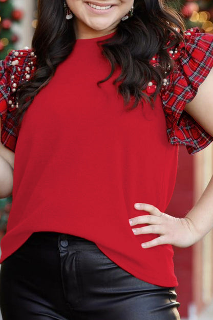 Racing Red Plaid Pearl Ruffled Short Sleeve Knitted Christmas Holiday Plus Size T-shirt