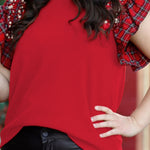Racing Red Plaid Pearl Ruffled Short Sleeve Knitted Christmas Holiday Plus Size T-shirt
