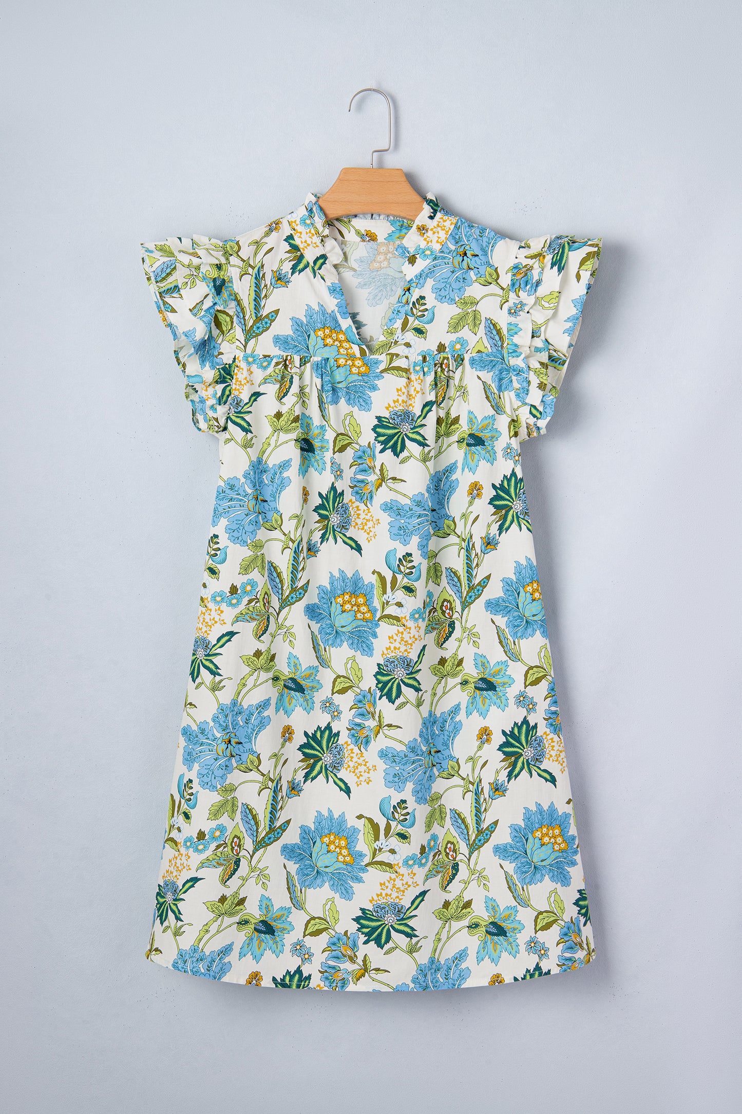 Beige Floral Print V Neck Triple Ruffle Short Sleeve Shift Mini Dress
