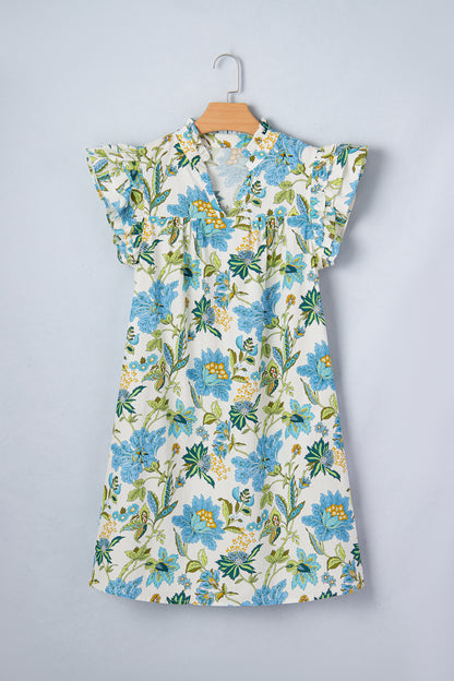 Beige Floral Print V Neck Triple Ruffle Short Sleeve Shift Mini Dress
