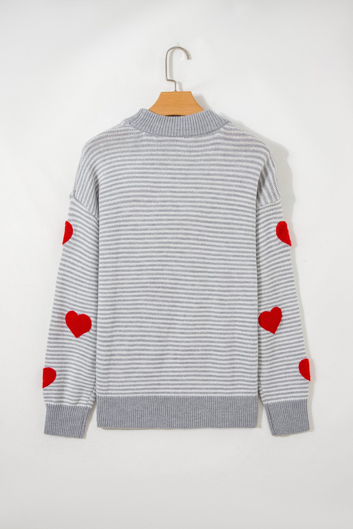 Gray Stripe Contrast Heart Pattern Valentine Knit Sweater