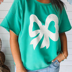 Sea Green Lace Bow Raw Edge Drop Shoulder Casual T Shirt