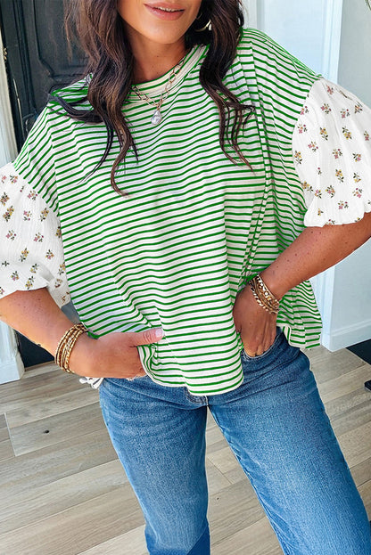 Red Stripe Floral Puff Sleeve Patchwork Round Neck Loose Top