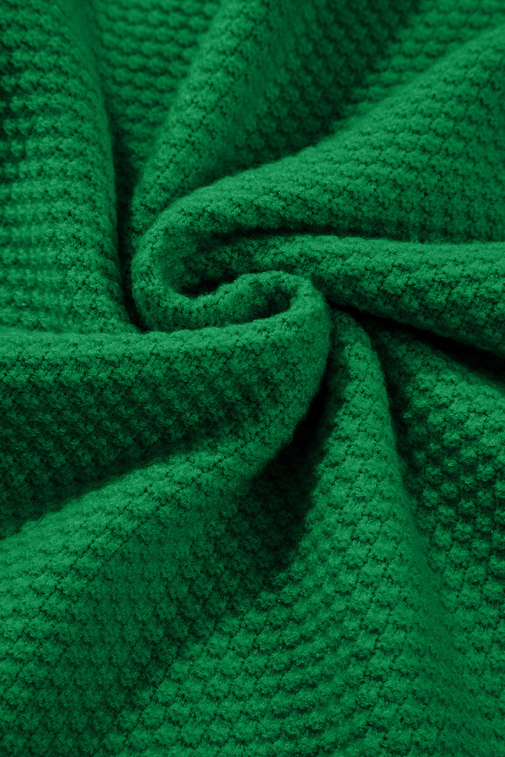 Dark Green Solid Textured Knit Split Cuff Drop Shoulder Loose Sweater