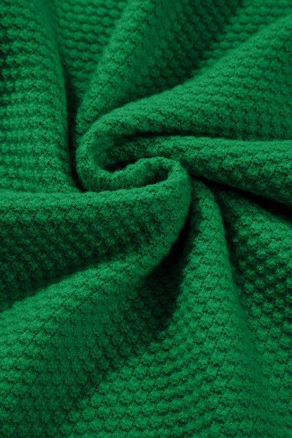 Dark Green Solid Textured Knit Split Cuff Drop Shoulder Loose Sweater
