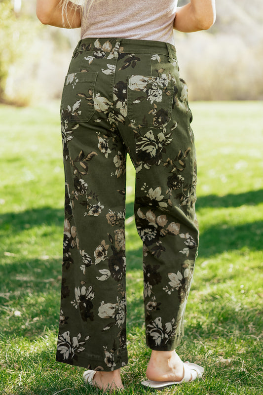 Green Vintage Floral Print Square Patch Pocket Raw Hem Shift Jeans