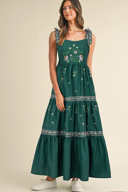 Robe longue à volants et bretelles nouées à fleurs vert noirâtre