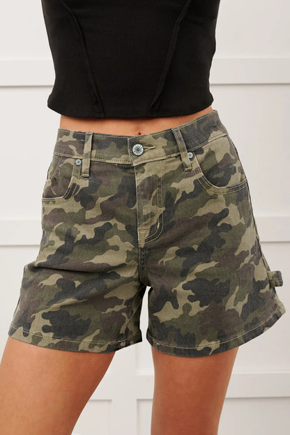 Green Camouflage High Rise Denim Shorts