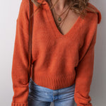 Flamingo Collared V Neck Ribbed Edge Sexy Elegant Sweater