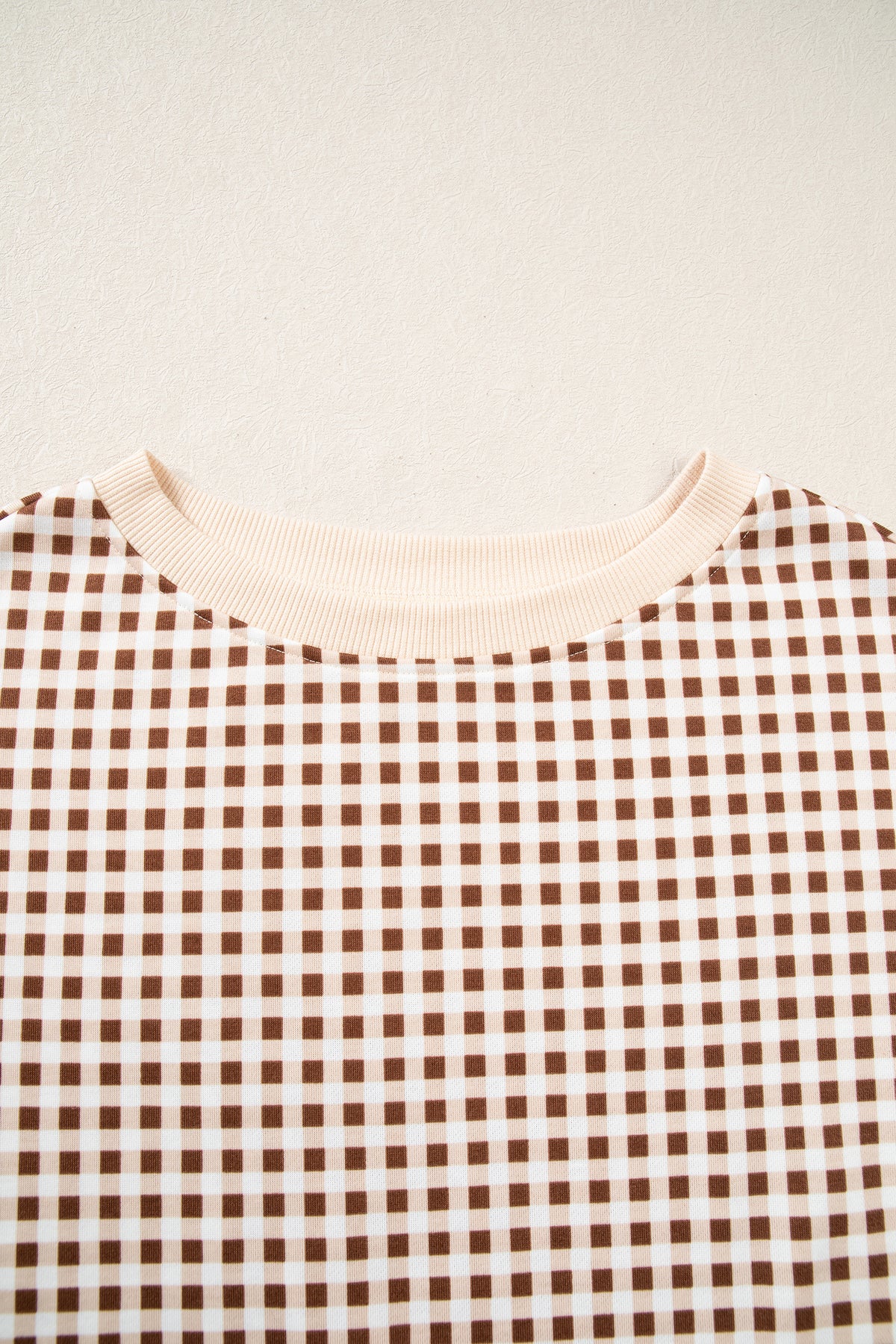 Brown Gingham Oversized Ribbed Trim Crew Neck Long Sleeve Top and Skort Set