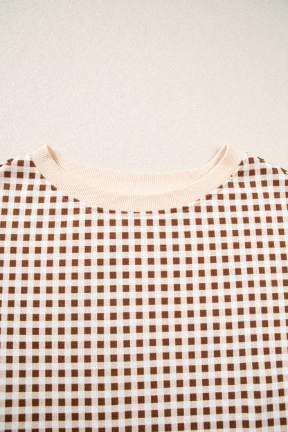 Brown Gingham Oversized Ribbed Trim Crew Neck Long Sleeve Top and Skort Set