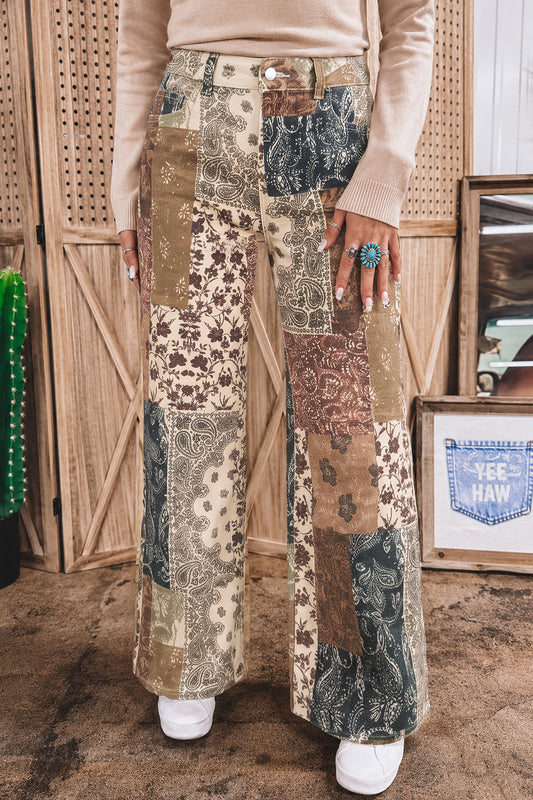 Khaki Western/ Patchwork Print Casual Shift Jeans