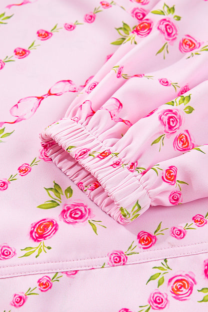 Pink Floral Print Half Zip Kangaroo Pouch Drawstring Hoodie