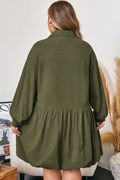 Four Leaf Clover Plus Size Collar Half Button Long Sleeve Ruffle Hem Mini Dress