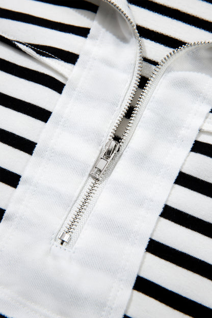 White Stripe Color Block Long Puff Sleeve Metal Zip-Up Collar Top