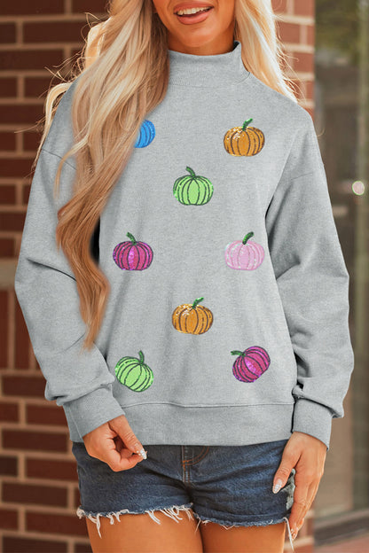 Gray Sequin Pumpkin Patch Mock Neck Baggy Sweatshirt