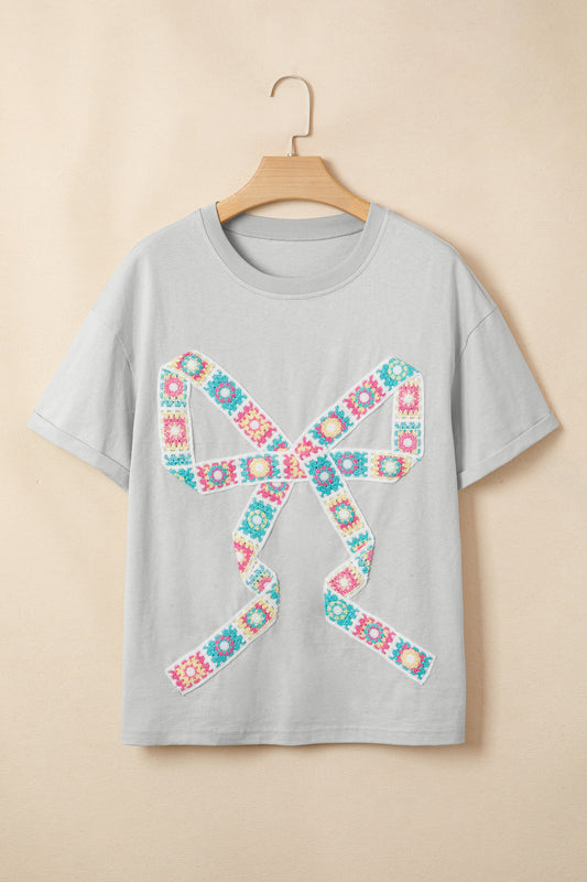 Light Grey Floral Crochet Ribbon Bow Patched Cotton T Shirt