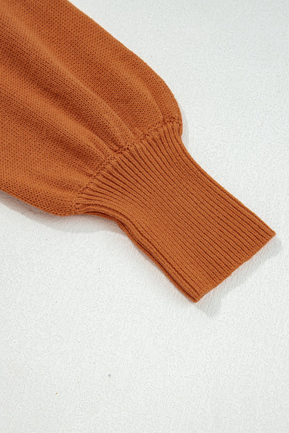 Gold Flame Solid Color Ribbed Trim Drop Shoulder Sweater