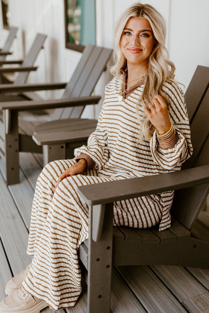 Khaki Stripe Collared Pullover Top and Drawstring Pant Set