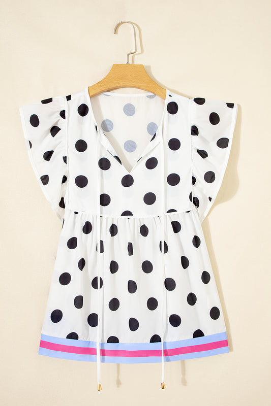 White Polka Dot Print Flutter Sleeve Striped Patchwork Babydoll Blouse