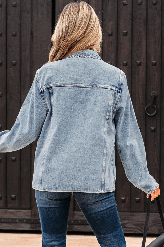 Myosotis Scallop Trim Collar Patched Pocket Button Up Mineral Washed Denim Jacket