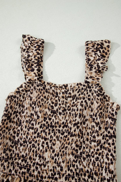 Brown Ruffled Straps Smocked Tiered Leopard Maxi Dress