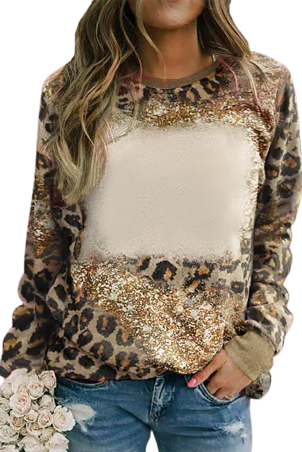 Leopard Bleached Tie Dye Leopard Print Long Sleeve Top