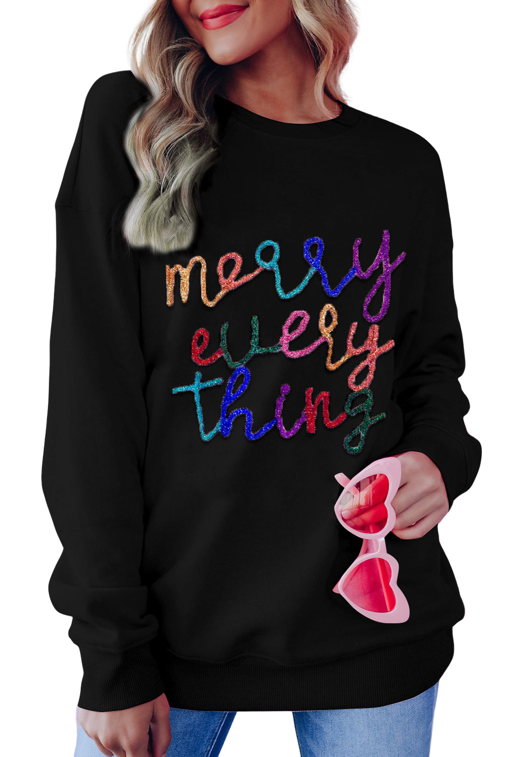 Black Merry Every Thing Glitter Slogan Sweatshirt