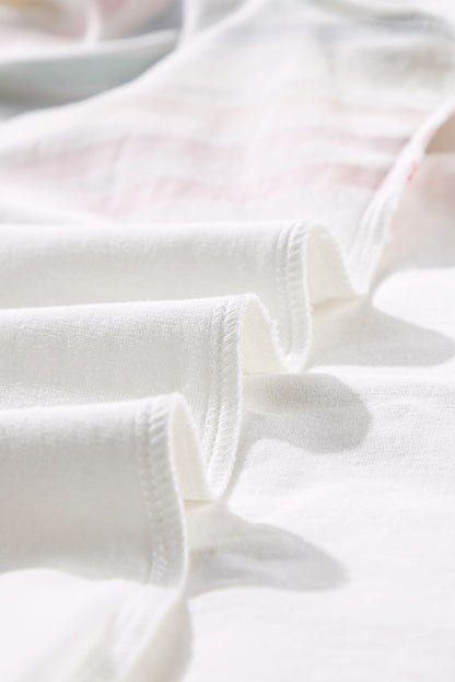 White Rainbow Stripe Print Contrast Crewneck T Shirt