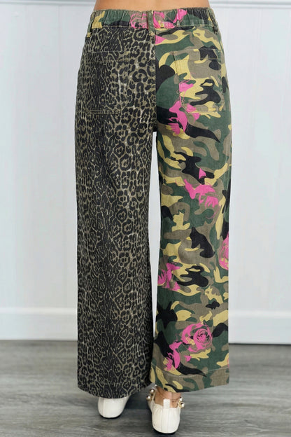 Multicolour Abstract Camouflage Print Contrast Leopard Patchwork Straight Leg Jeans