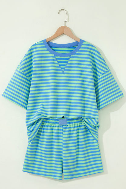 Green Stripe Striped Ribbed Cotton Two-Piece Pant Set with Chest Patch Detail