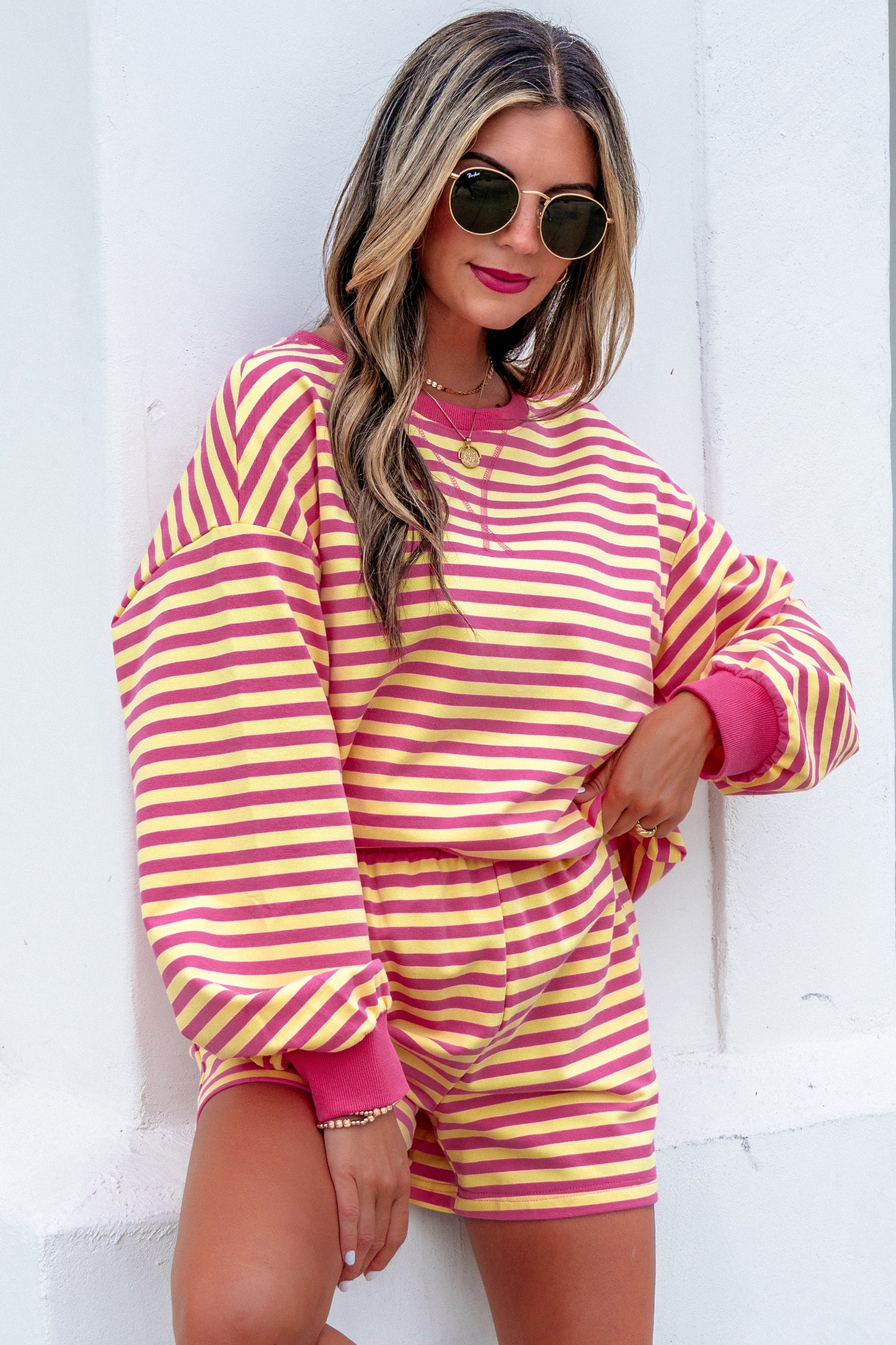 Yellow Stripe Color Block Trim Round Neck Long Sleeve Top Casual Shorts 2pcs Set