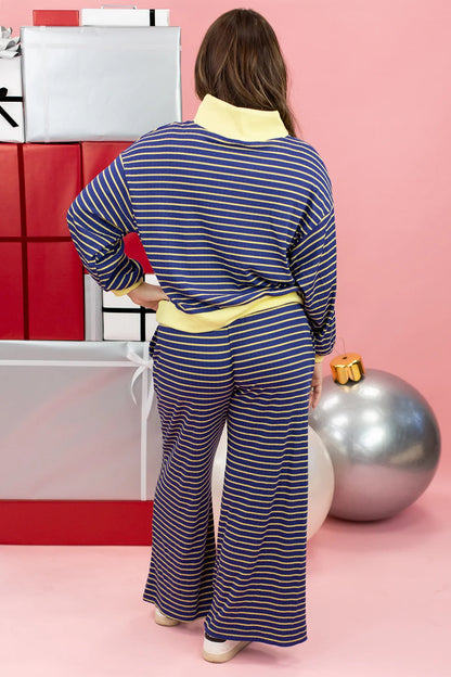 Blue Stripe Color Block Patchwork Zip V Neck Pullover Loose Pants 2pcs Set