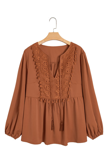 Chestnut Boho V Neck Embroidered Tassel Long Sleeve Plus Size Blouse