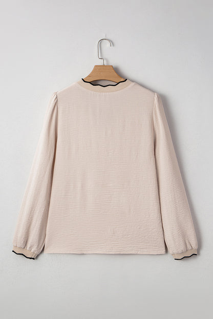 Jet Stream Contrast Scallop Trim V Neck Long Sleeve Blouse
