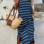 Blue Gray Stripe Print Open Back Sleeveless Maxi Dress with Slits