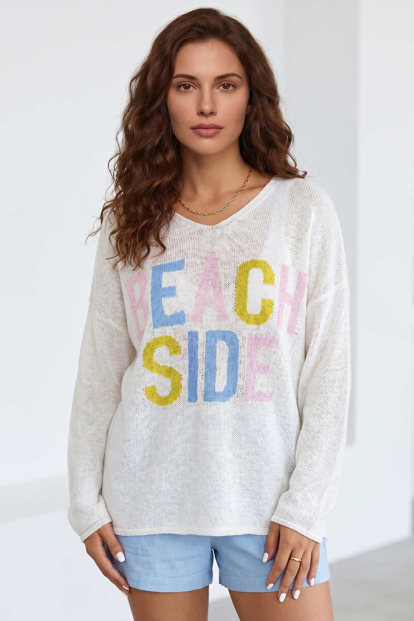 White V Neck Lightweight Knit BEACH SIDE Shift Tunic Sweater
