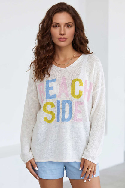 White V Neck Lightweight Knit BEACH SIDE Shift Tunic Sweater