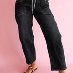 Black Drawstring Waist Ankle Length Casual Jeans Regular Fit Pocket Detail Denim Pants